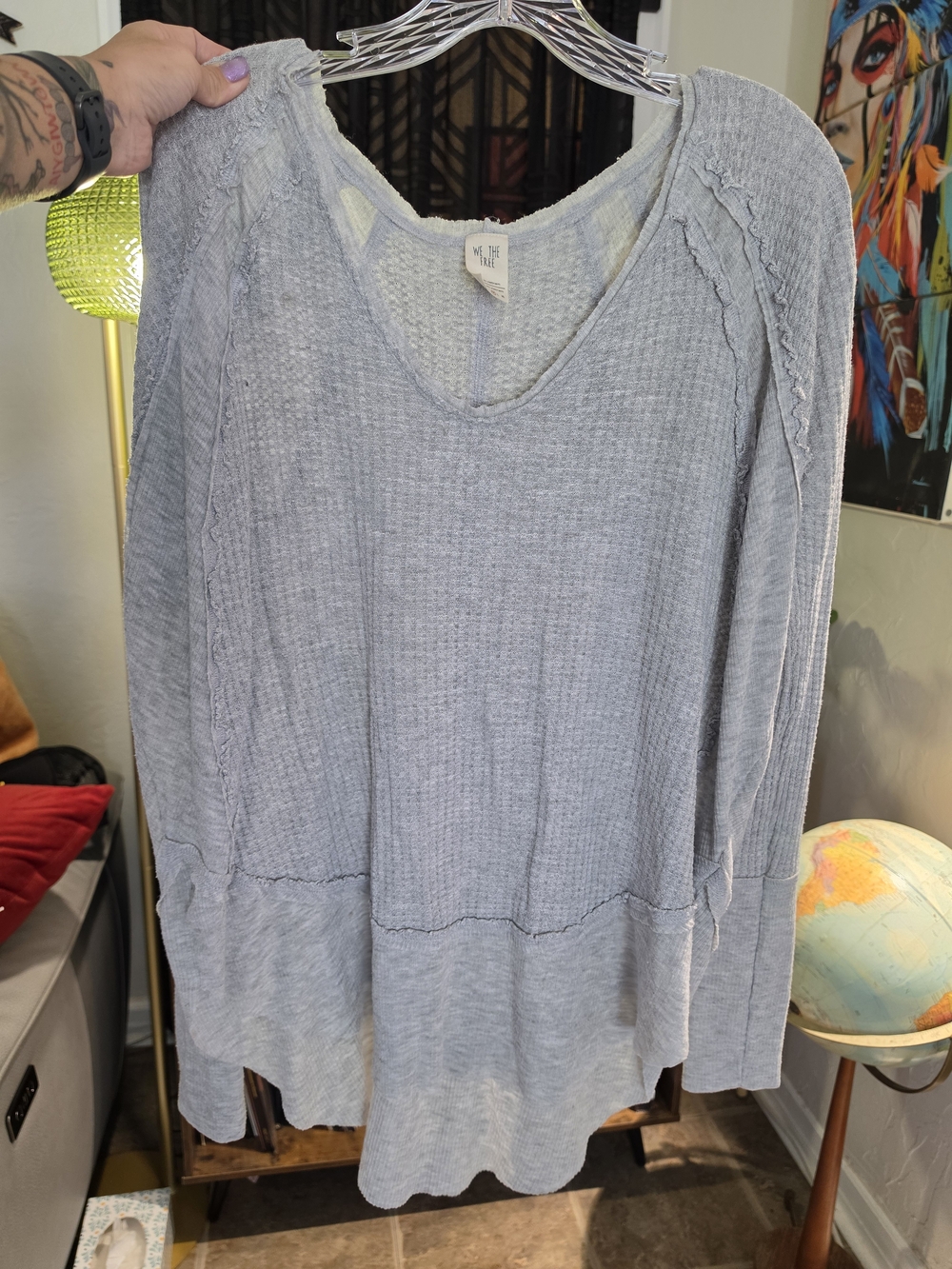We The Free Light Blue Waffle-Knit V-Neck Thermal Pullover